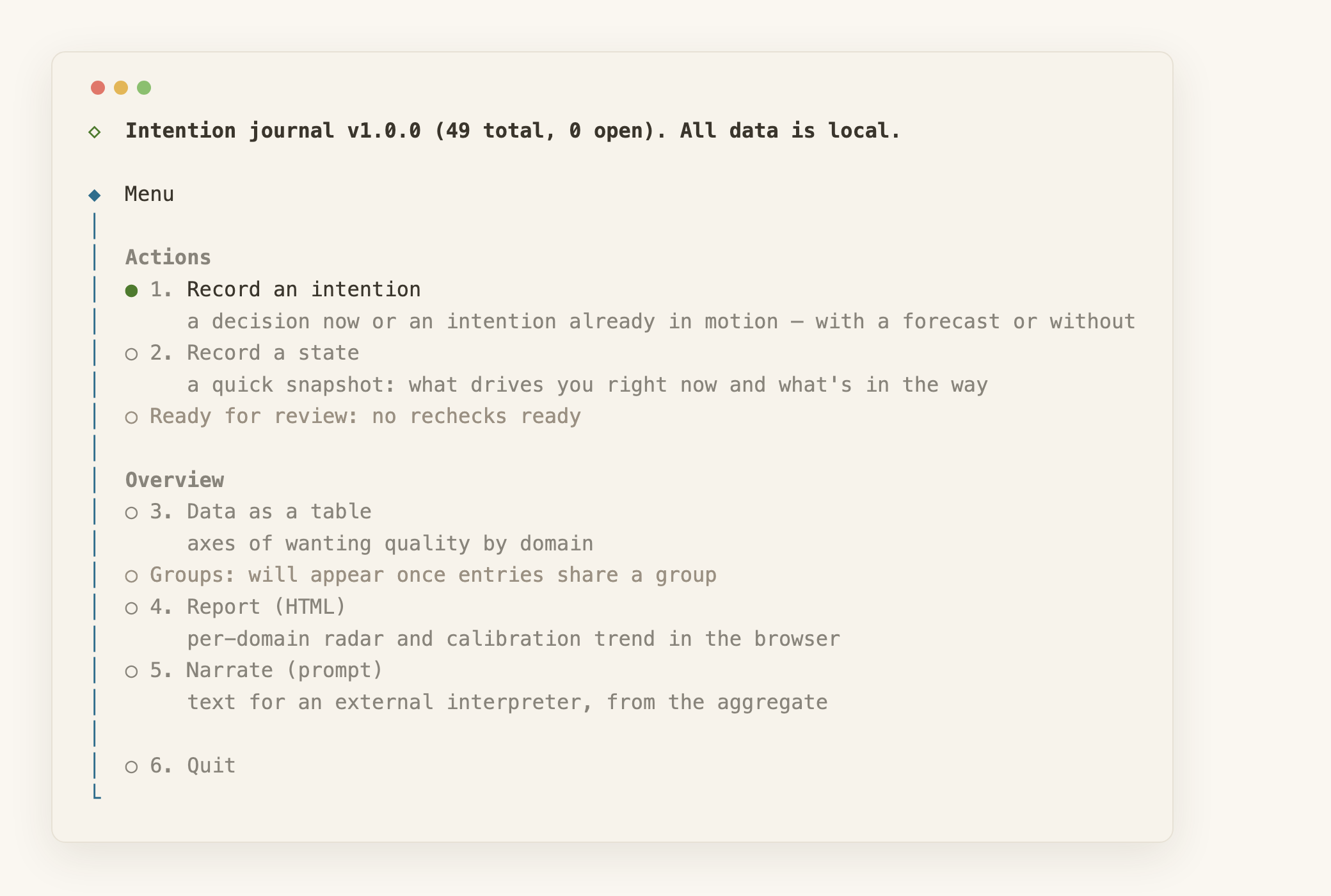 intlog at startup: the menu over 49 entries. No cloud, no account, one SQLite file on your own disk.