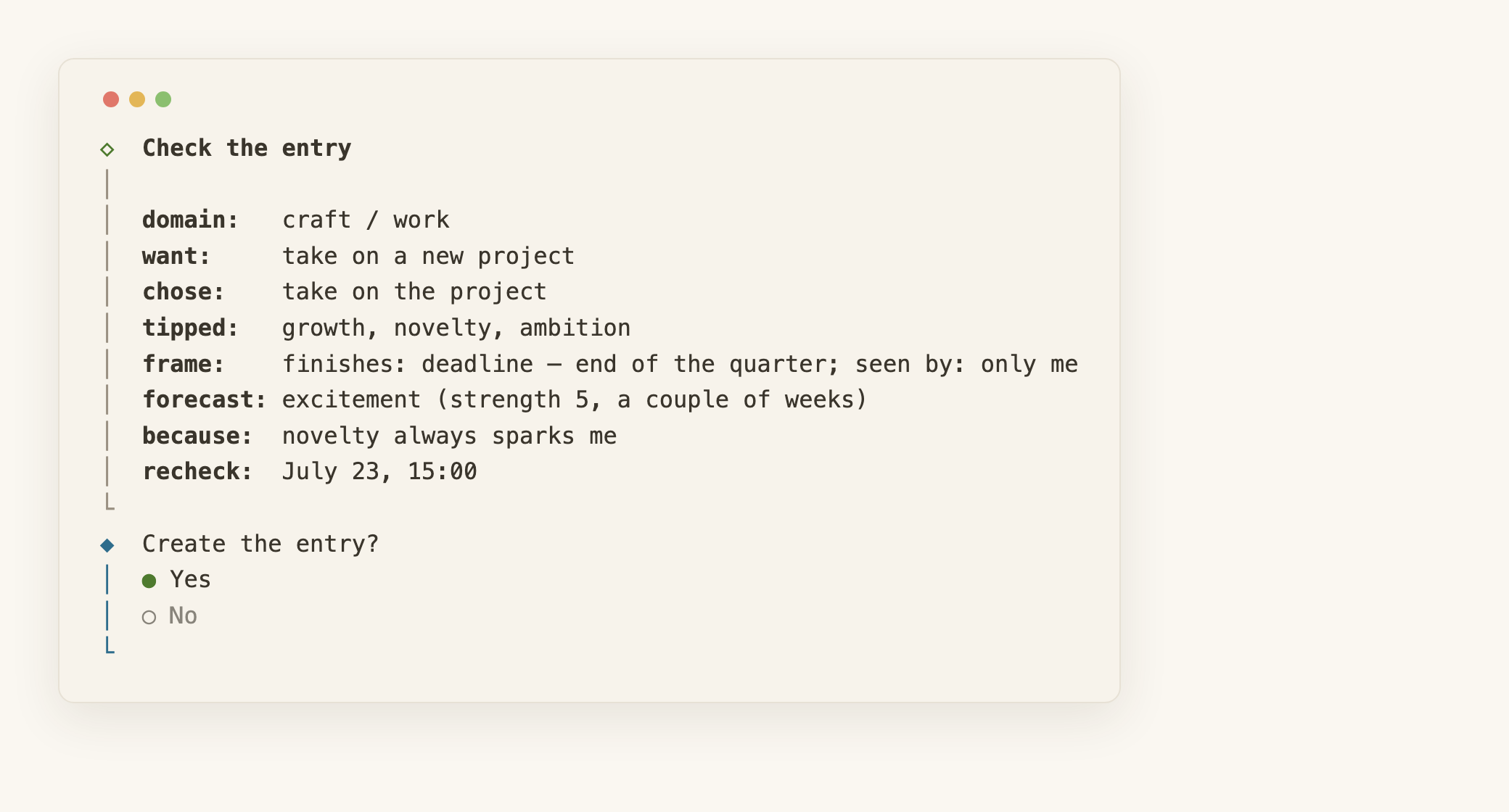 The first touch, the confirmation step: domain, motives, frame, and the affective forecast (excitement, a five).