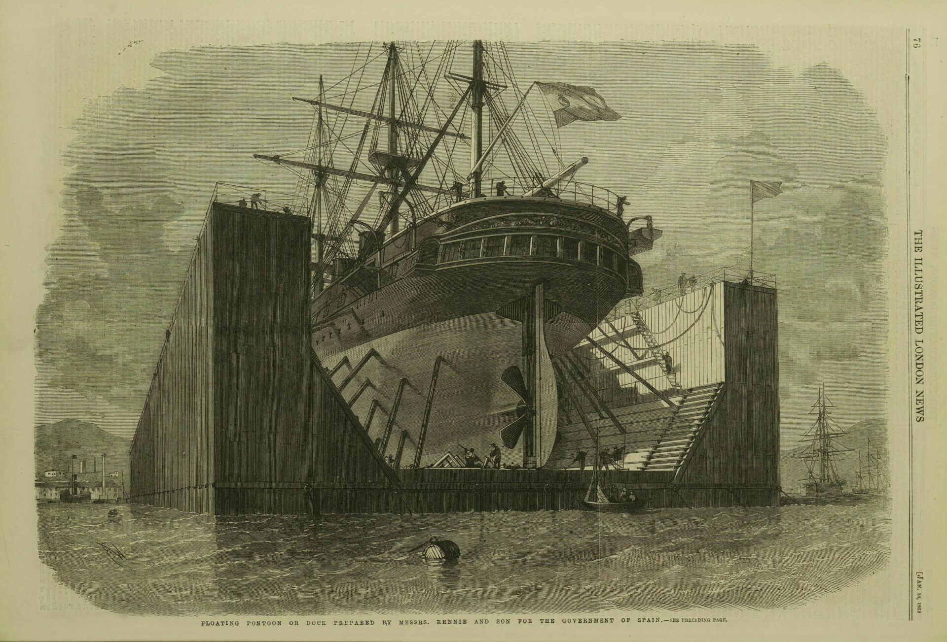 Rennie's floating pontoon: mending a ship without putting in to dock. A 19th-century engraving.