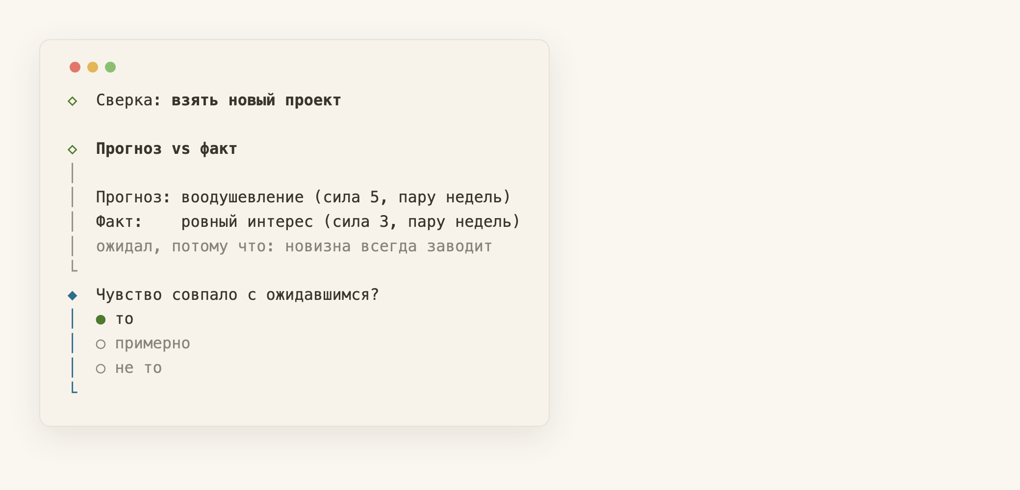 Второе касание, раскрытие вслепую: прогноз рядом с фактом. Ждал воодушевления на пятёрку — вышел ровный интерес на тройку.